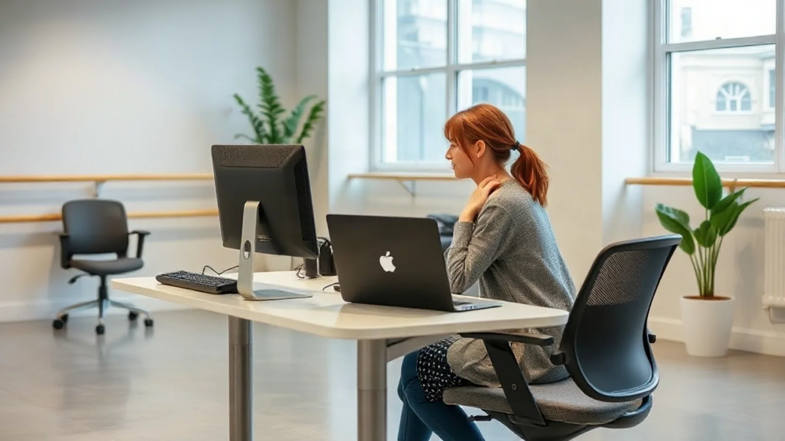 Dans okulunda bir yönetici bilgisayar başında öğrenci takip programı kullanırken