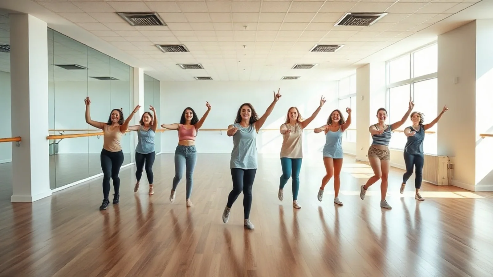 Dans salonunda mutlu öğrencilerin birlikte egzersiz yaptığı aydınlık ve modern bir dans stüdyosu