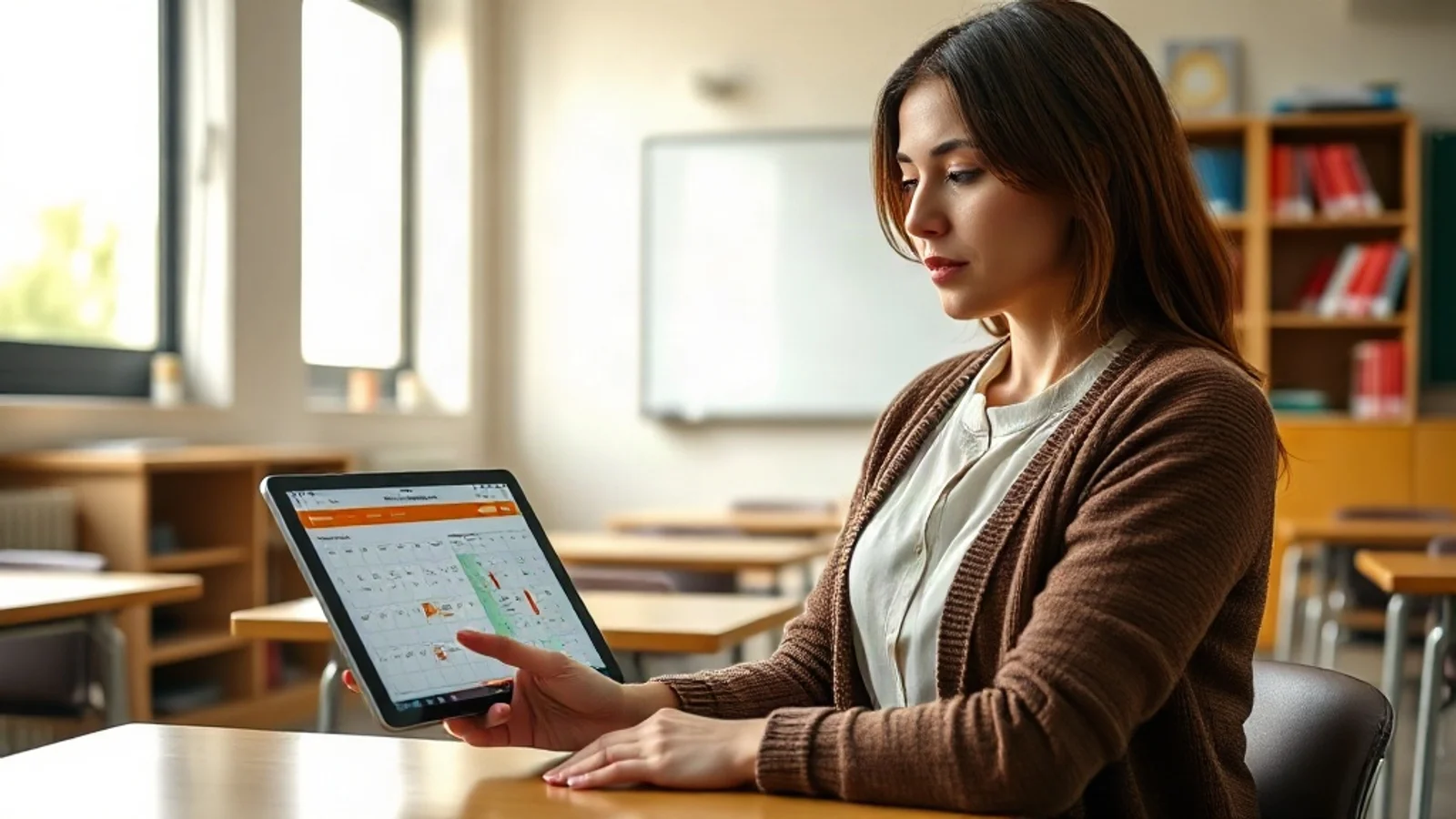 Bir öğretmen tablet üzerinden öğrenci takip programının takvim ve devam ekranını incelerken