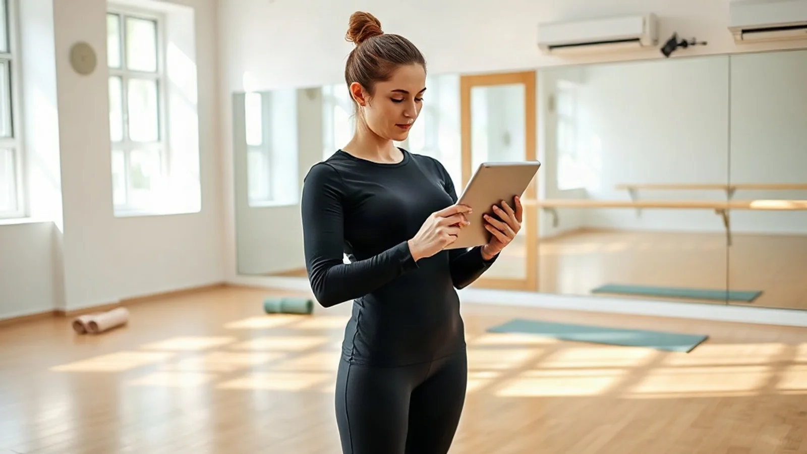 Dans stüdyosunda tablet üzerinde öğrenci takip programı ekranını inceleyen dans eğitmeni ve arka planda ayna ile bale barı