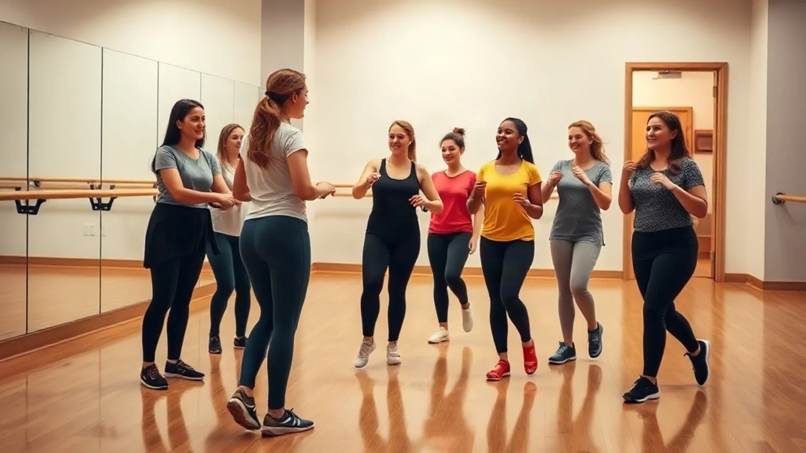 Bir dans stüyasında deneme dersi sırasında eğitmen eşliğinde grup dansı yapan öğrenciler